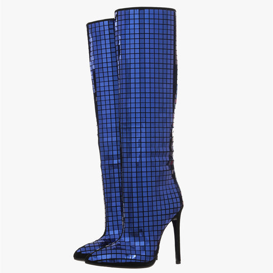 Women's Stylish Blue Pointed Toe Stiletto Heels Knee-High Boots