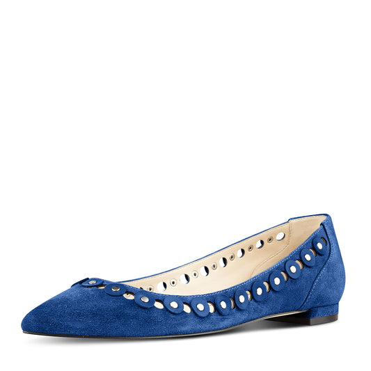 Blue Vegan Suede Hollow Out Studded Pointed Toe Flats for Women