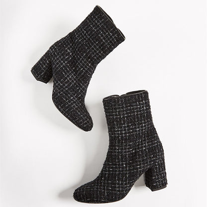 Black Tweed Round Toe Side Zip Closure Women's Block Heel Ankle Boots