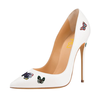 Women's Pointed Toe Stiletto Heel Butterfly Pattern White Pumps