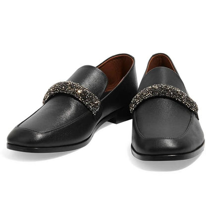 Black Square Toe Chunky Heel Women's Loafers with Rhinestone Strap