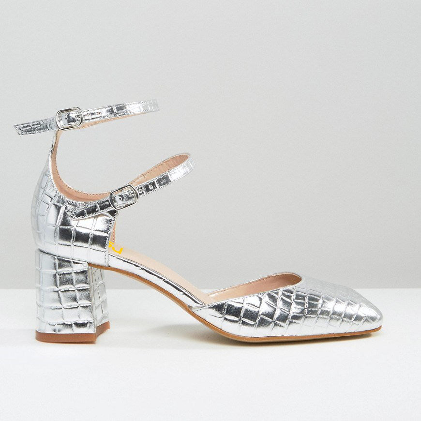 Women's Silver Square Toe Embossed Double Ankle Strap Pumps Heels