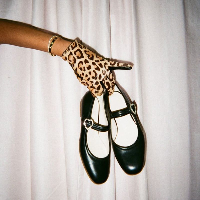 Classic Black Round Toe Heart Rhinestone Buckle Mary Jane Flats