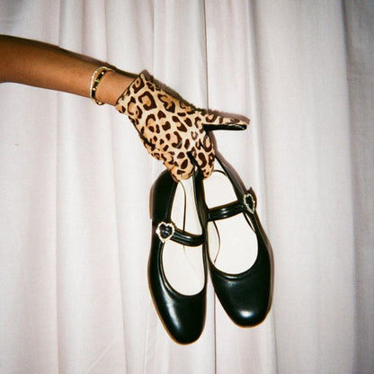 Classic Black Round Toe Heart Rhinestone Buckle Mary Jane Flats