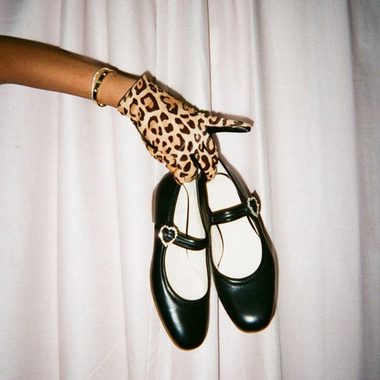 Classic Black Round Toe Heart Rhinestone Buckle Mary Jane Flats