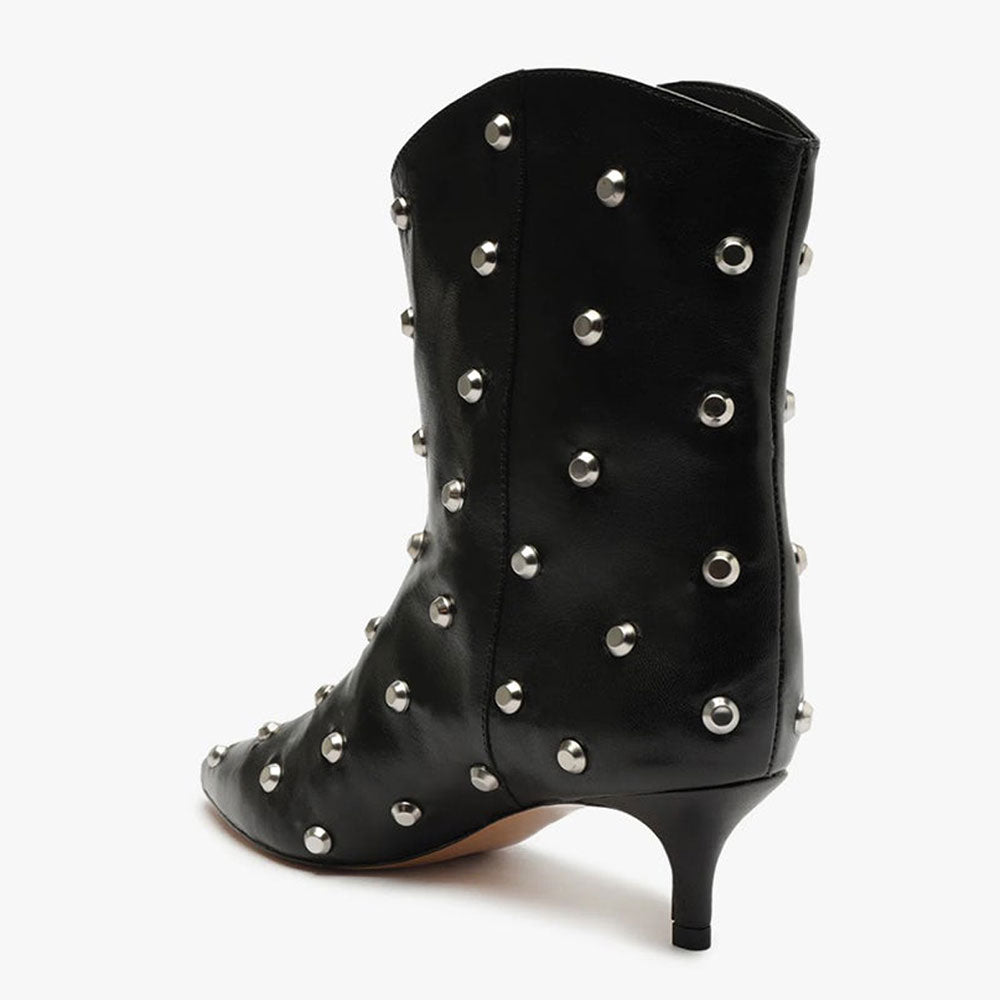 Black Studs Embellished Kitten Heel Pointed Toe Ankle Boots