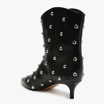 Black Studs Embellished Kitten Heel Pointed Toe Ankle Boots