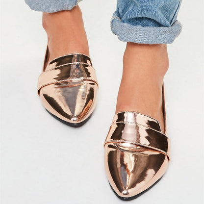 Rose Gold Metallic Pointed Toe Slip On Flats Women's Loafers