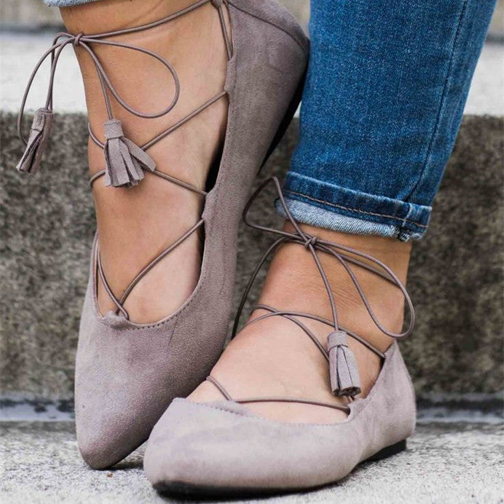 Grey Strappy Shoes Vegan Suede Lace Up Comfy Flats for Women