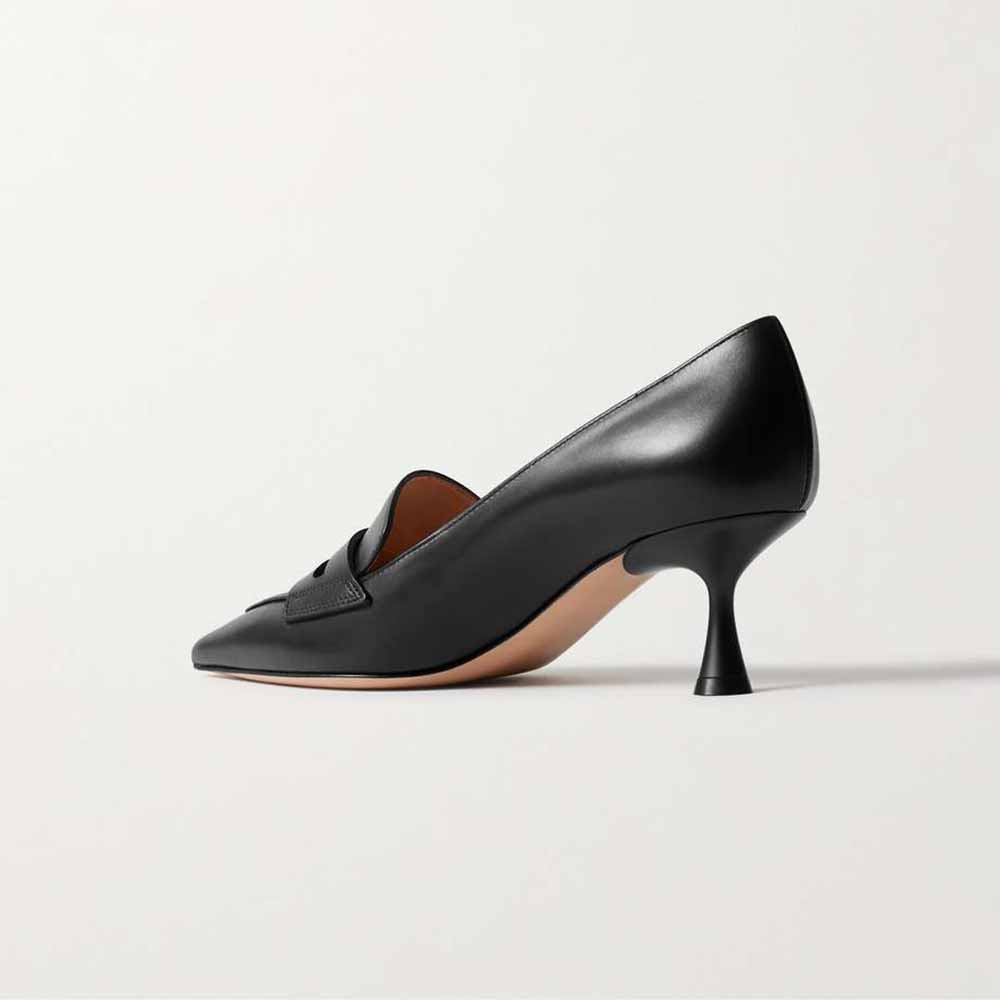 Classic Black Pointed Toe Kitten Heel Penny Loafers for Women