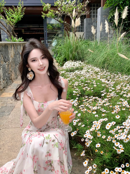 Simple Fashion Pink Floral Design A-line Beach Holiday Spaghetti Strap Dress TP3535