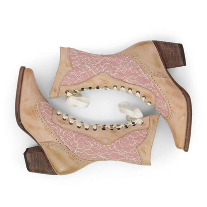 Tan & Pink Lace Patchwork Ribbon Almond Toe Chunky Heel Mid Calf Boots