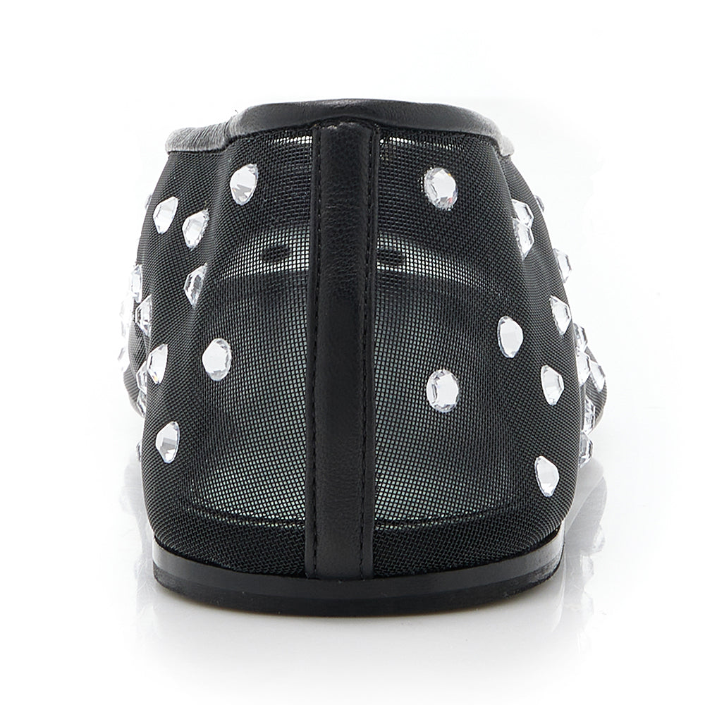 Women's Black Mesh Round-Toe Rhinestone Embellished Flats