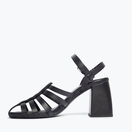 All Black Shoes Block Heel Strappy Fisherman Sandals for Ladies