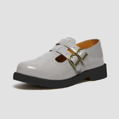 Gray Patent Leather Rounded Toe Flat Lug Sole Loafers with Buckles