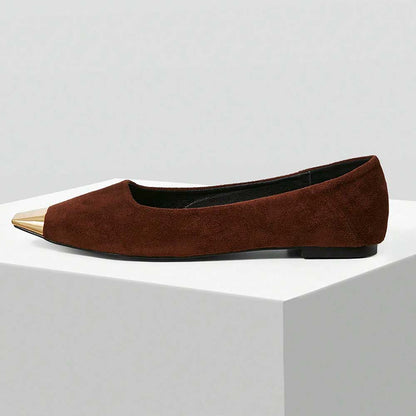 Women's Elegant Vegan Suede Metallic Square Toe Flats in Brown