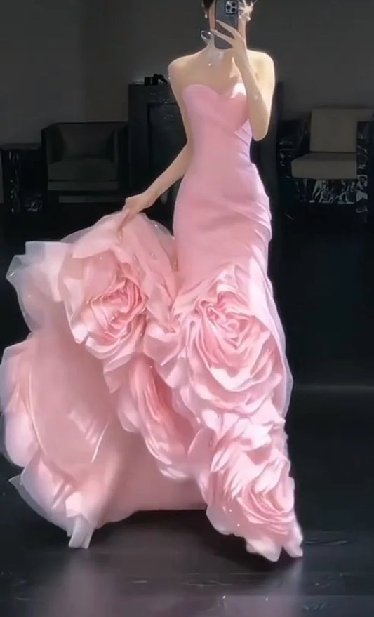 Mermaid Pink Strapless Satin Tulle Long Prom Dress, Evening Dress cg26184