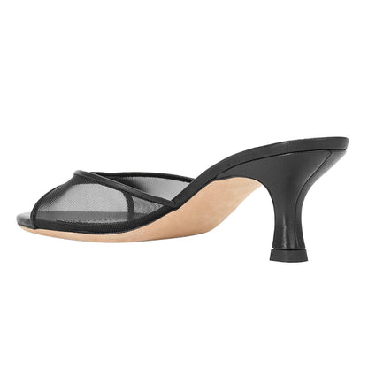 Women's Black Mesh Open-Toe Slip-On Summer Mule Kitten Heels
