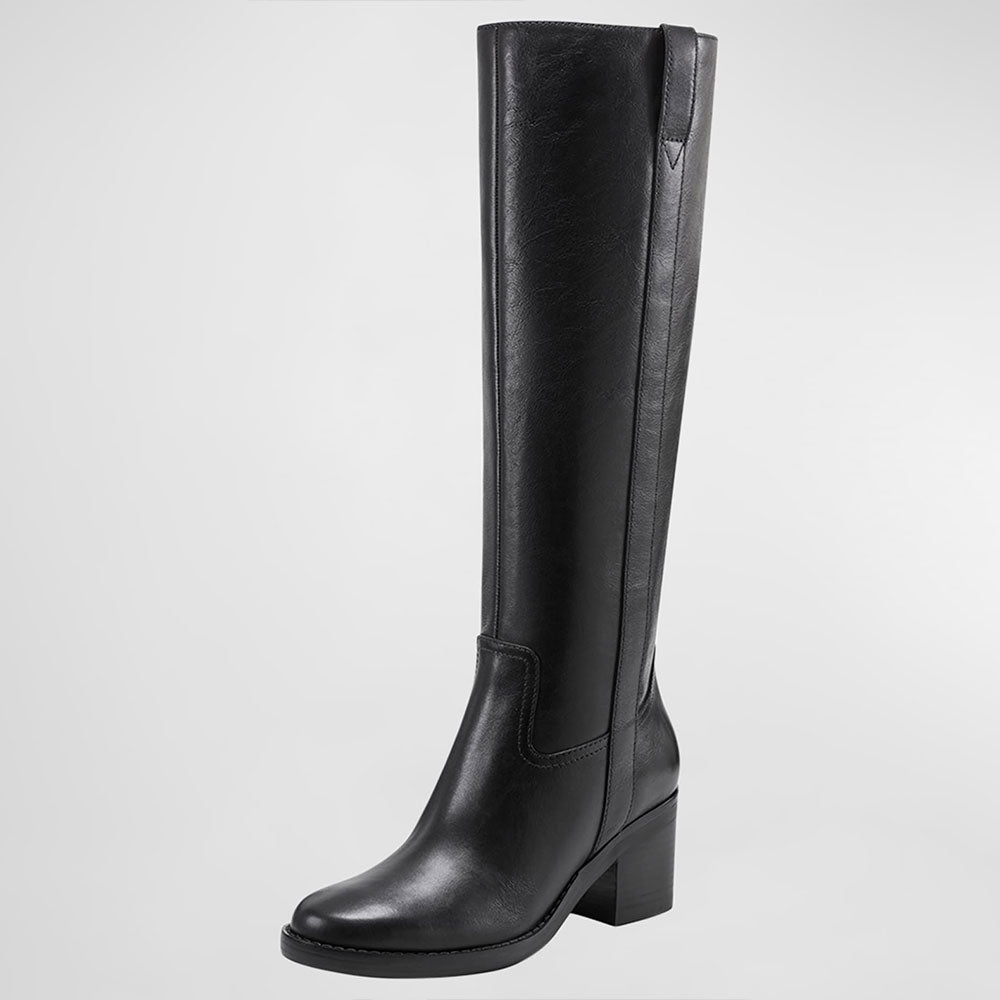 Black Round Toe Pull-on Block Heel Knee High Boots for Women