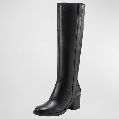 Black Round Toe Pull-on Block Heel Knee High Boots for Women