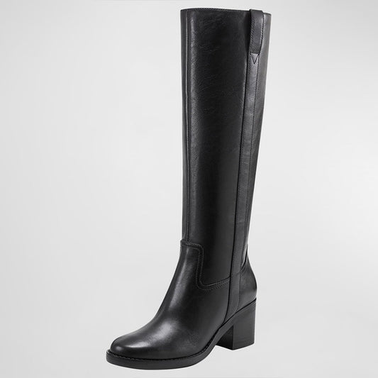 Black Round Toe Pull-on Block Heel Knee High Boots for Women