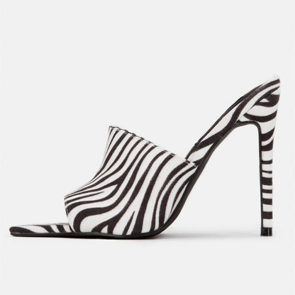 Women's Zebra Print Peep Toe Stiletto Heel Mules Sandals