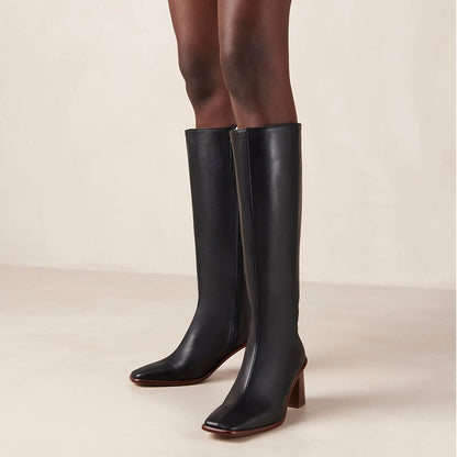 Black Vegan Leather Square Toe Chunky Heel Side-Zip Knee High Boots