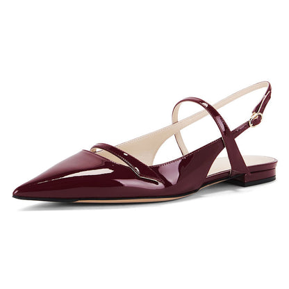 Sleek Maroon Patent Leather Pointed Toe Buckled Slingback Flats