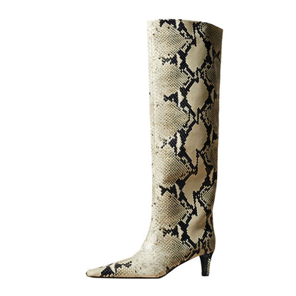 Beige & Black Python Printed Square Toe Kitten Heel Knee High Boots