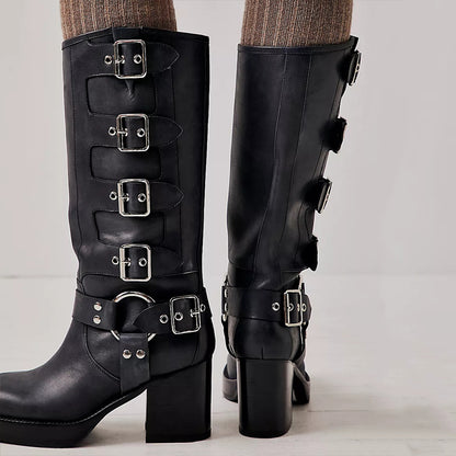 Black Vegan Leather Closed Toe Chunky Heel Platform Mid Calf Boots