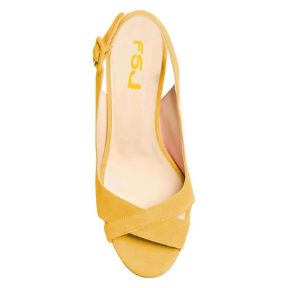 Yellow Vegan Suede Platform Wedge Heels Slingback Sandals