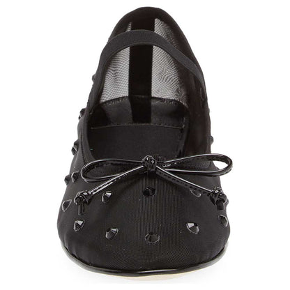 Black Mesh Round Toe Crystal Embellished Ballet Flats with Bow Decor