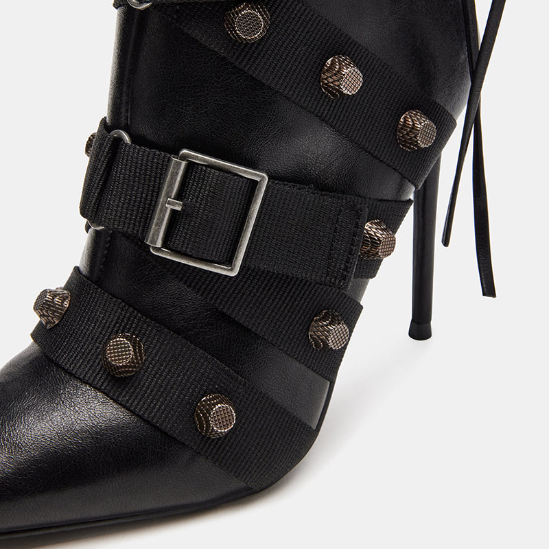 Black Pointed Toe Stiletto Heel Zipper Studs Knee High Boots