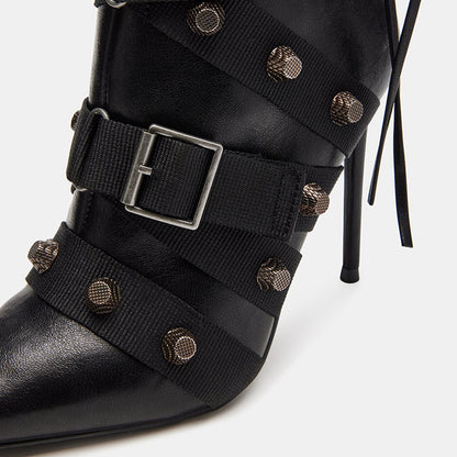 Black Pointed Toe Stiletto Heel Zipper Studs Knee High Boots