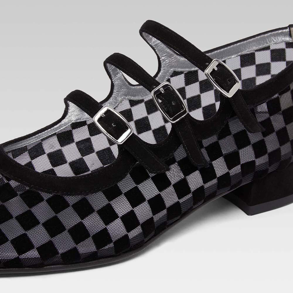 Black and Gray Plaid Square Toe Triple Buckle Strap Mary Jane Flats