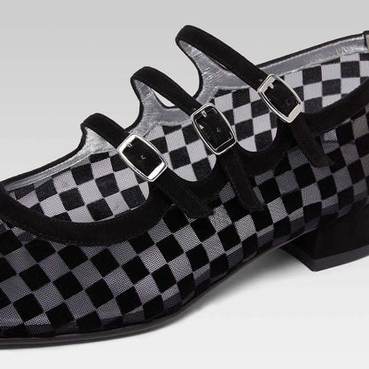 Black and Gray Plaid Square Toe Triple Buckle Strap Mary Jane Flats