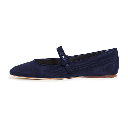 Navy Blue Fabric Square Toe Mary Jane Flats with Buckle Strap