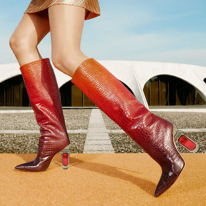 Women's Gradient Croco Embossed Decorative Heel Knee High Boots