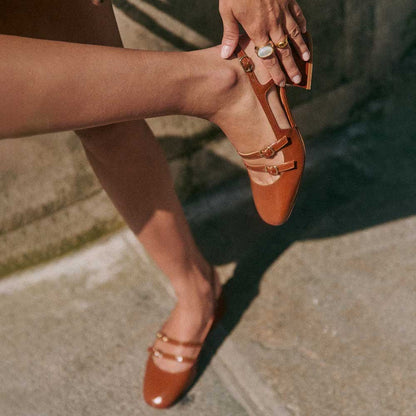 Vegan Leather Square Toe Chunky Heel Buckle Loafers in Brown