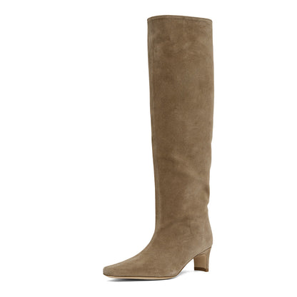 Taupe Square Toe Block Heel Pull-On Knee High Boots for Women