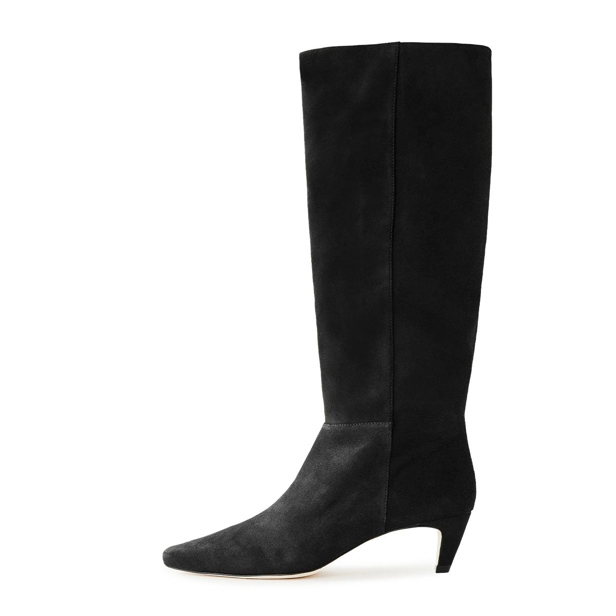 Black Vegan Suede Square Toe Kitten Heel Knee High Boots for Women