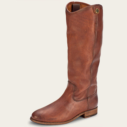 Brown Vegan Leather Round Toe Chunky Heel Wide Calf Knee High Boots