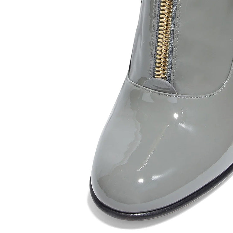 Grey Patent Leather Chunky Heel Front Zip Mid Calf Boots for Women