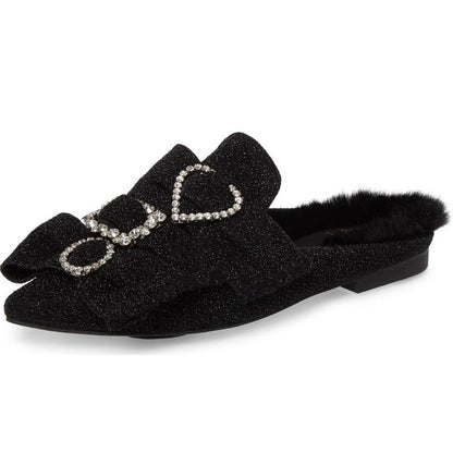 Black Glitter Flats Rhinestone Buckle Faux Fur Lined Mule Loafers