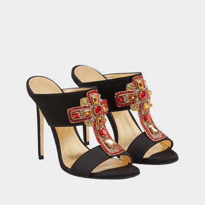 Women's Rhinestone Cross Embellished Satin High Heel Mules in Black