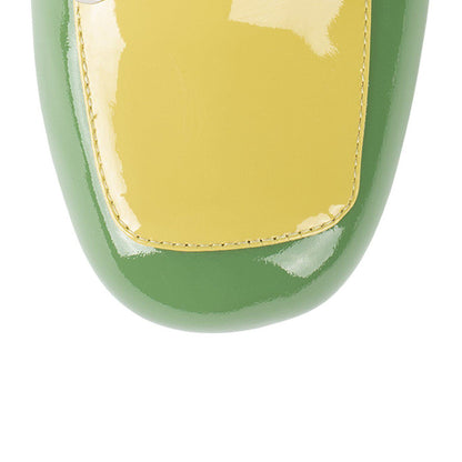 Multicolor Patent Leather Round Toe Block Heel Loafers with Chain