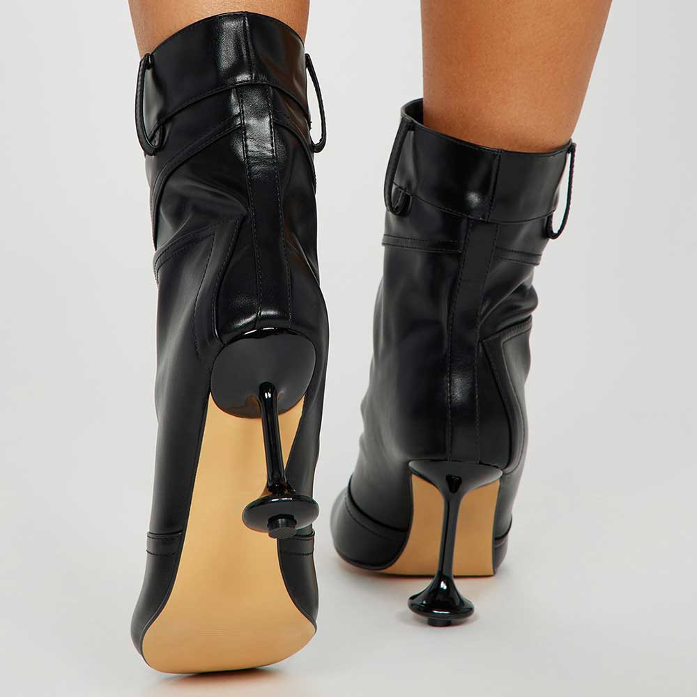 Black Round Toe Wide Ankle Boots Sculptural Heel Booties for Women