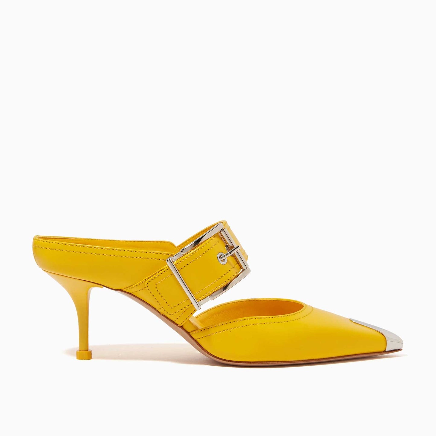 Women's Yellow Metal Pointed Toe Kitten Heel Buckle Mules Shoes