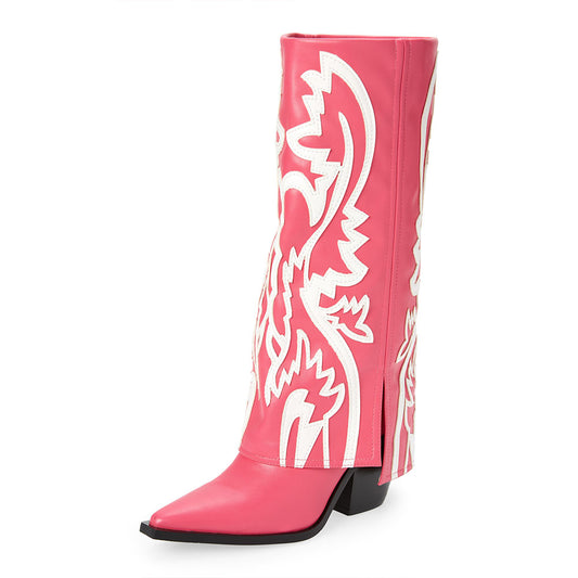 FSJ Hot Pink Chunky Heel Below The Knee Western Fold Over Boots