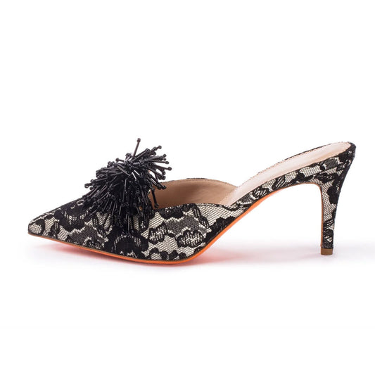 Black Lace Pointed Toe Beaded Tassel Kitten Heel Mules for Women